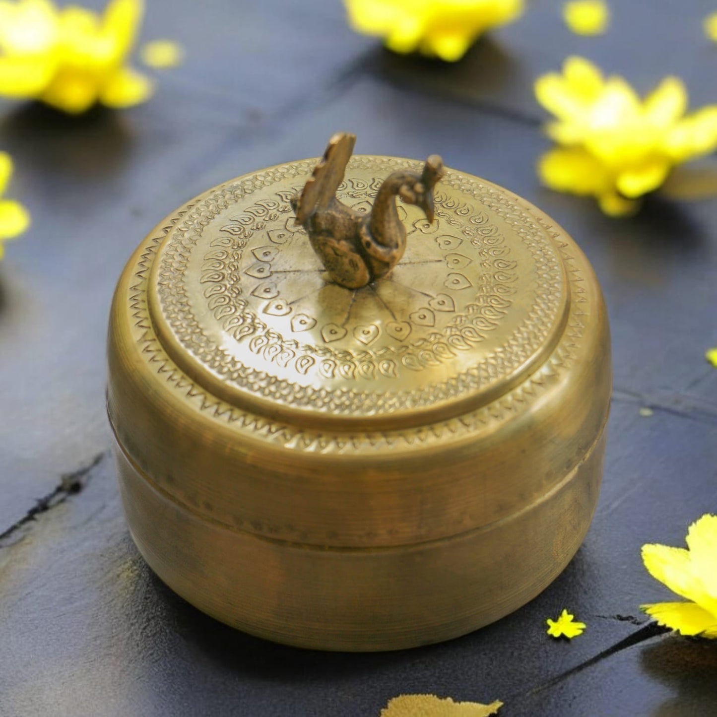 AT/031 - 100% Pure Brass Vintage Style Beautifully Engraved Antique Matt Look Trinket Box with Bird on top.