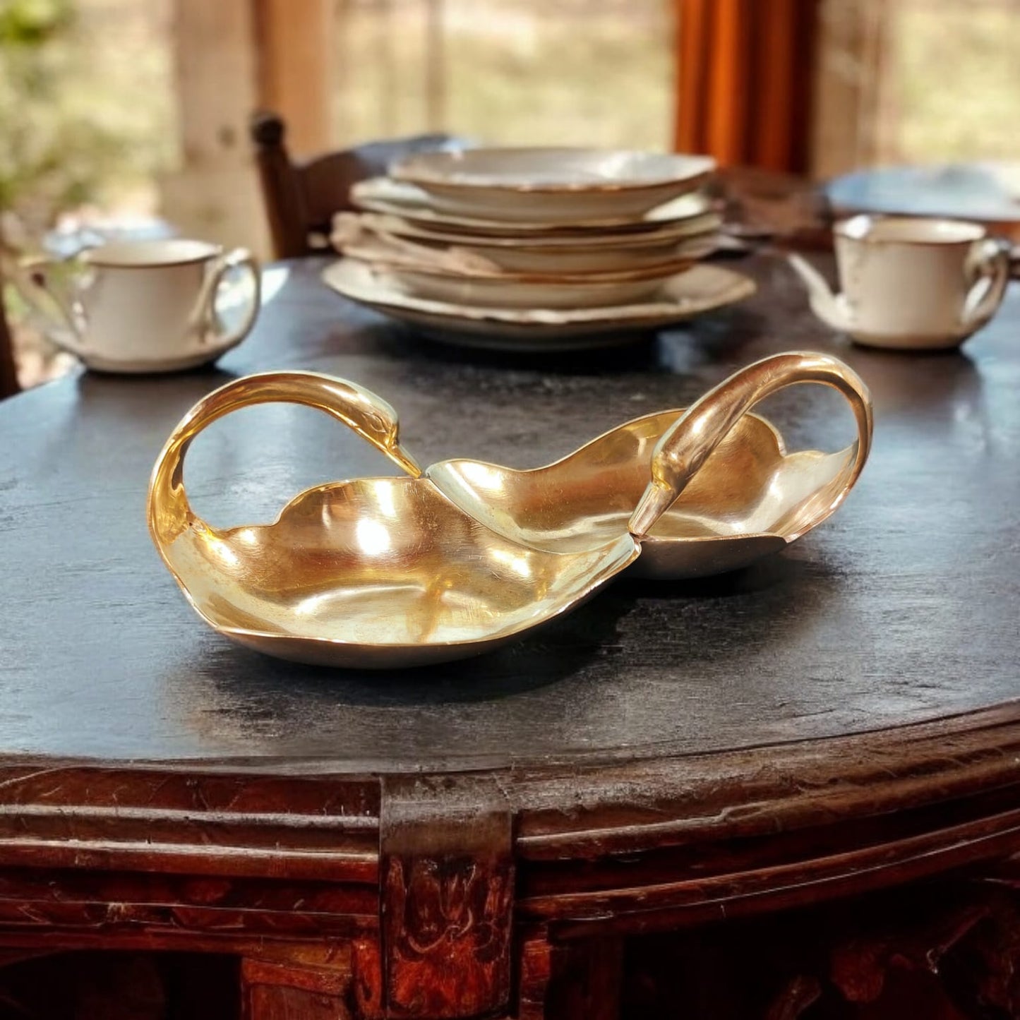 AT/116 - Rare Vintage Brass Very Beautiful Two Headed Swan Dish Trinket Bowl | Mukhwas Tray