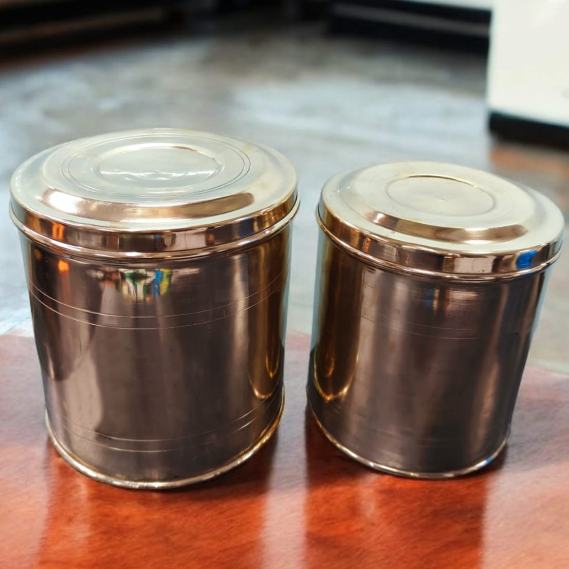 AT/074 - Set of 2  - Original Antique Pure Brass Big Size Cylindrical Storage Container