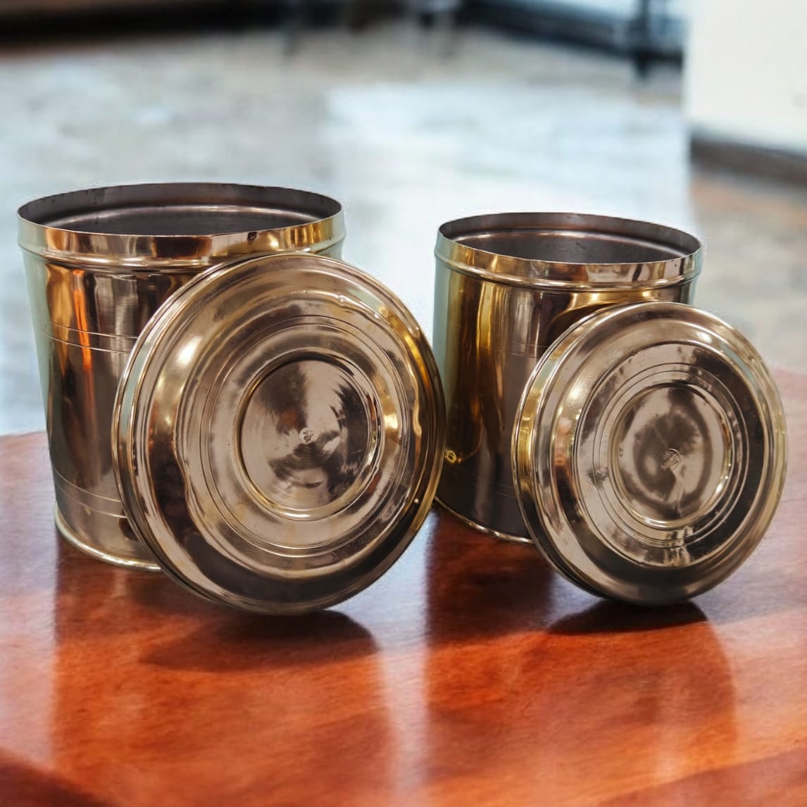 AT/074 - Set of 2  - Original Antique Pure Brass Big Size Cylindrical Storage Container