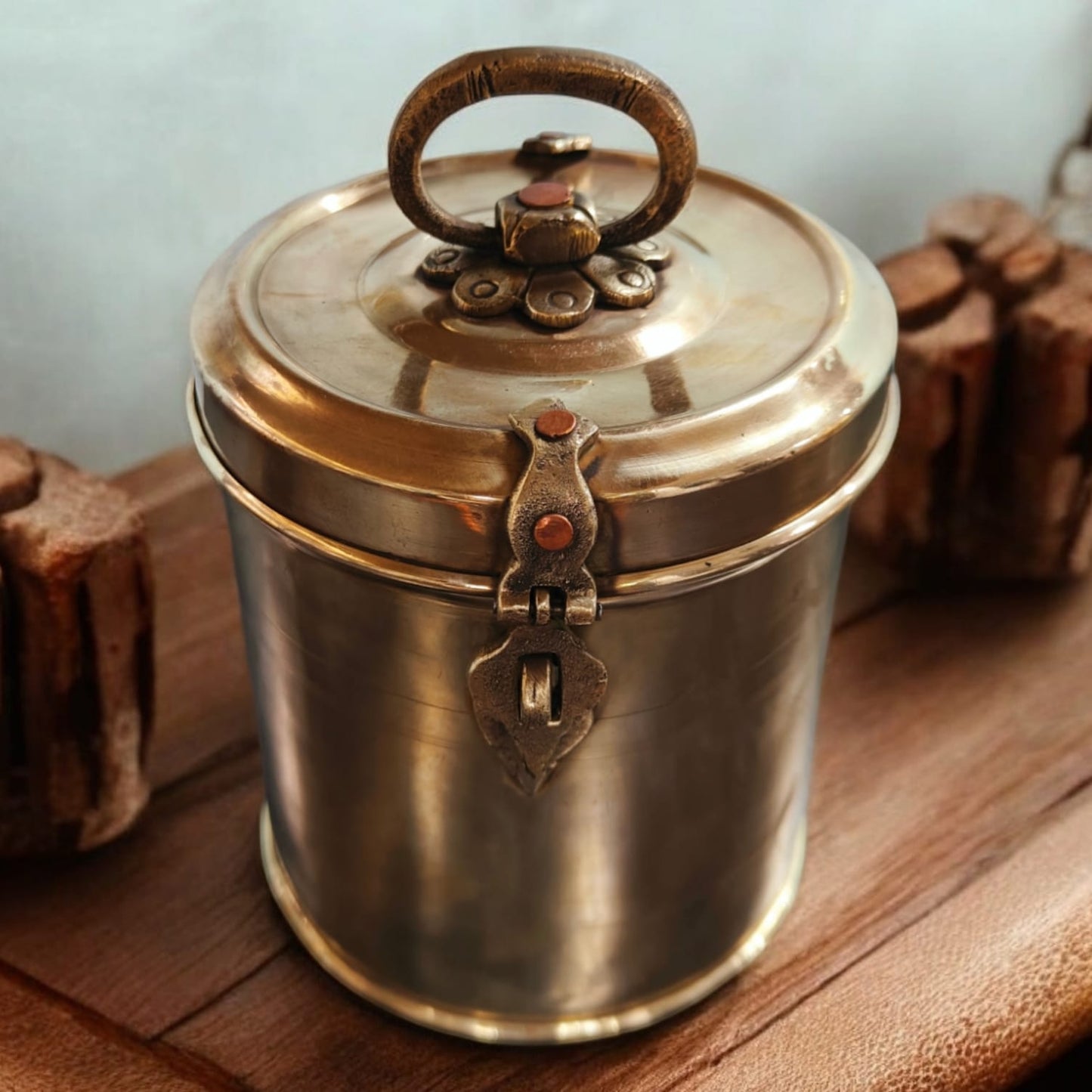 AT/014 - Vintage Brass Cylindrical Original Antique Lockable Box With Handle