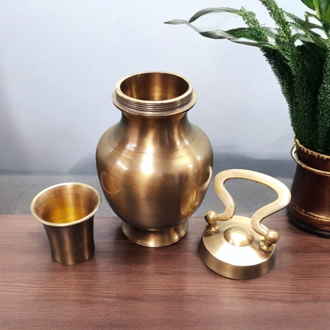 AT/032 - Pure Brass Very Beautiful Shape Antique Look Gangajal Lota with Glass inside traditionally known as "KAMANDAL"