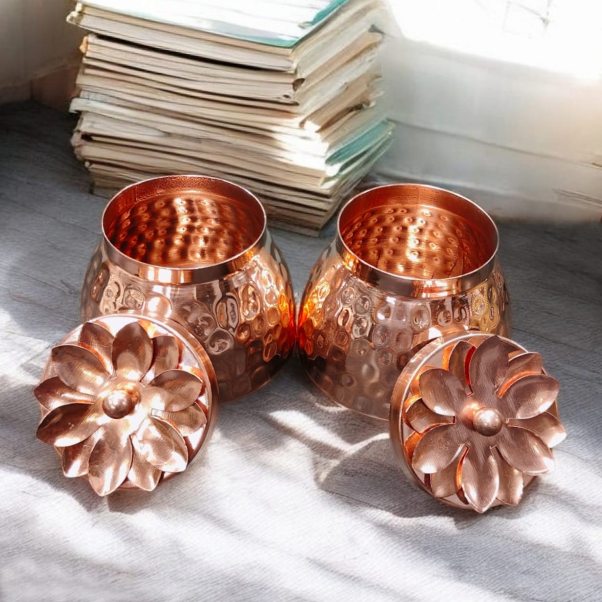 NW/032 - Set Of 2 - 100% Pure Copper Very Beautiful Hammered Storage Jar | Dry Fruit Box