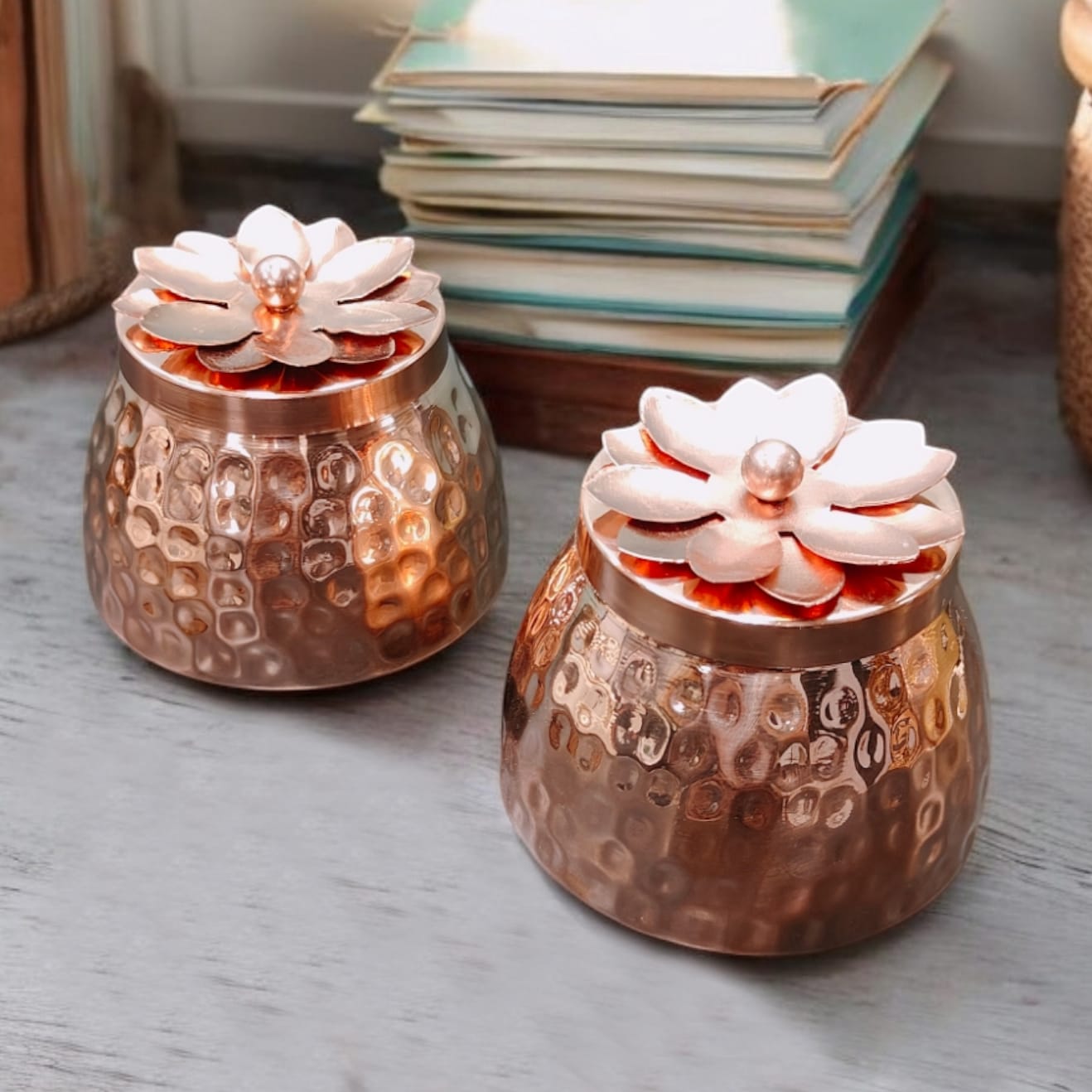 NW/032 - Set Of 2 - 100% Pure Copper Very Beautiful Hammered Storage Jar | Dry Fruit Box