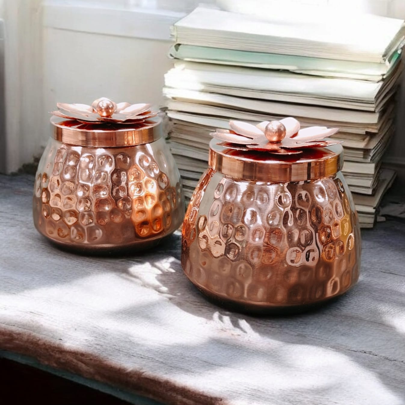 NW/032 - Set Of 2 - 100% Pure Copper Very Beautiful Hammered Storage Jar | Dry Fruit Box