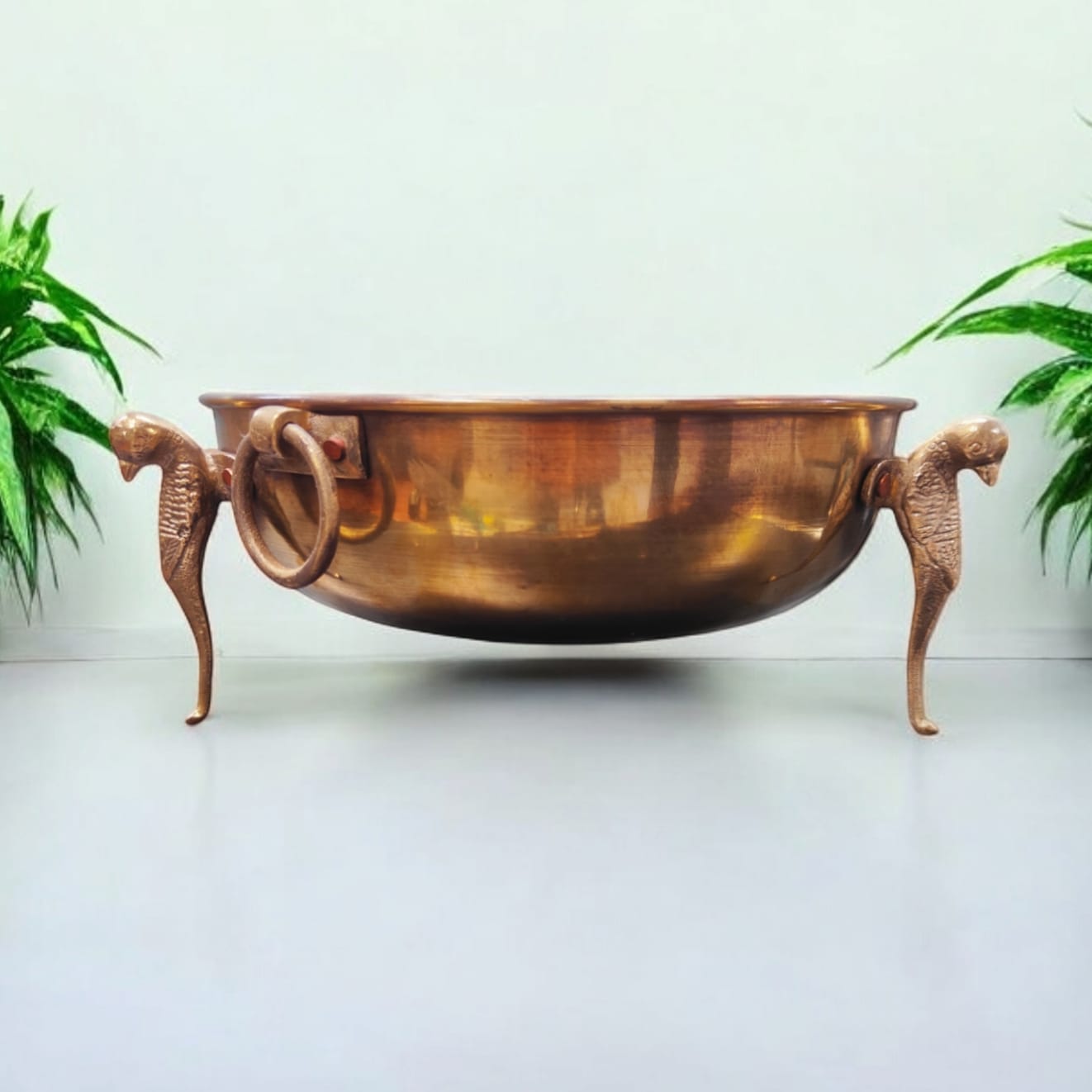 AT/040 - Vintage Rare Pure Brass Original Antique Very Beautiful Round Shape Big Bowl on Parrot Legs with Handles