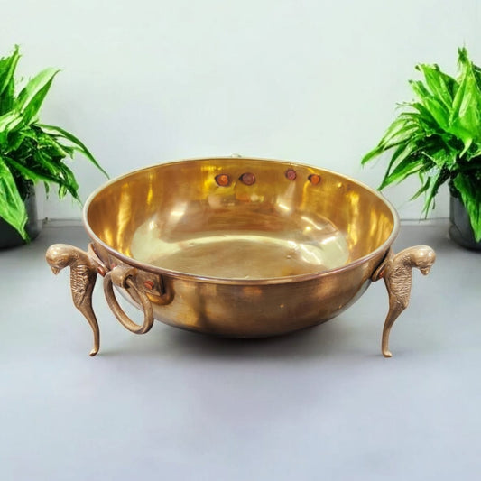 AT/040 - Vintage Rare Pure Brass Original Antique Very Beautiful Round Shape Big Bowl on Parrot Legs with Handles