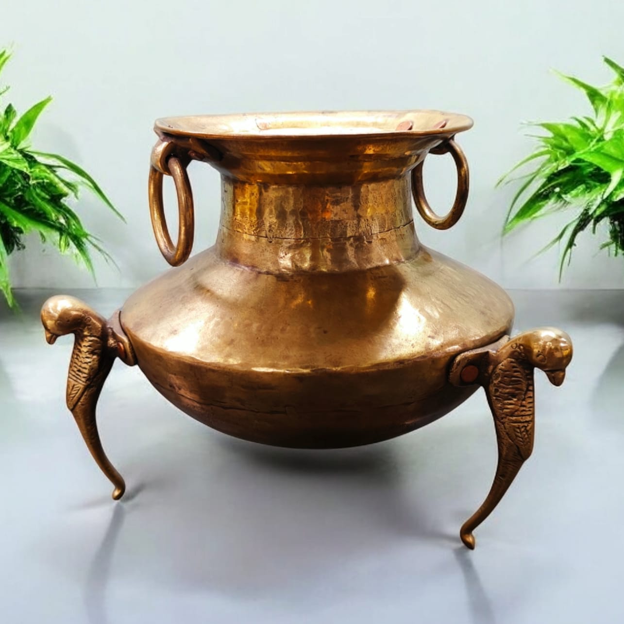 AT/009 - Vintage Rare Pure Brass Original Antique Very Beautiful Shape Water Pot on Parrot Legs with Handles