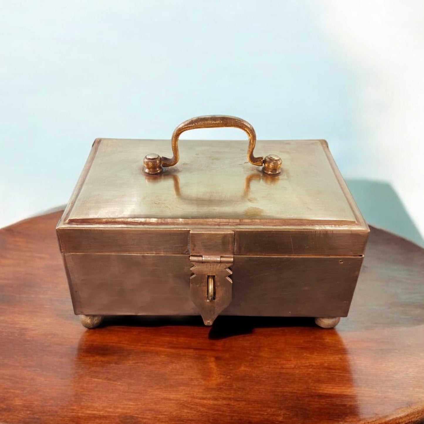 AT/055 - Original Antique Pure Brass Rectangle Shape Vintage Storage Box with Lock System