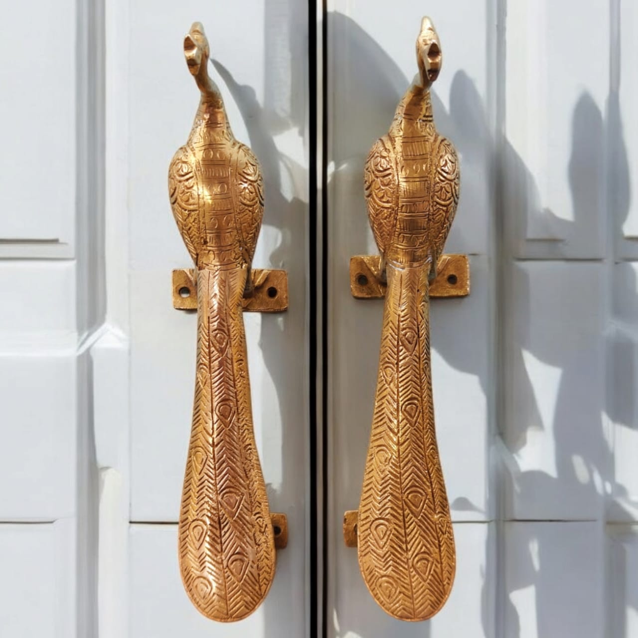 AT/084 - Set of 2 - Rare Vintage Original Antique Pure Brass Beautifully Engraved Peacock Shape Solid Door Handle