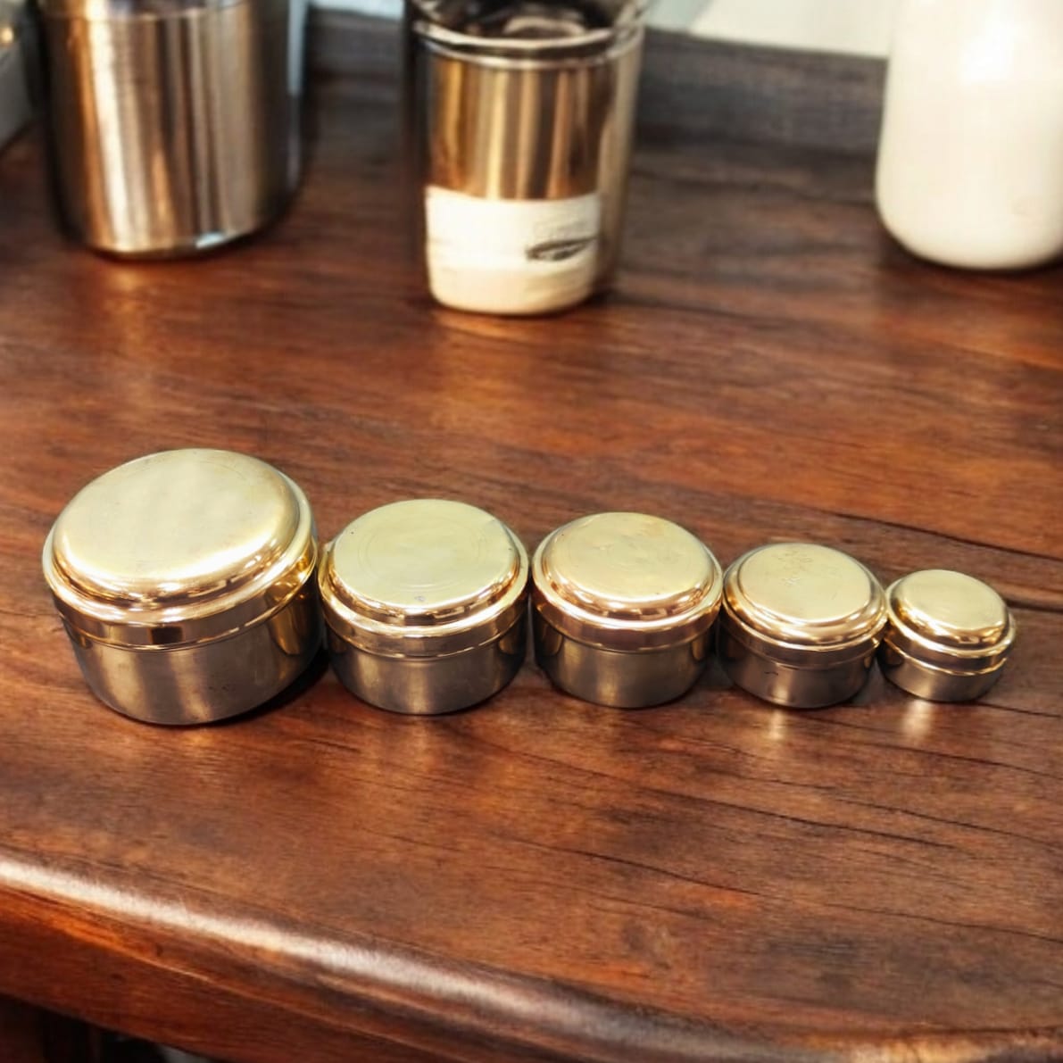 AT/114 - Set of 5 - Original Antique Pure Brass Round Shape Storage Boxes