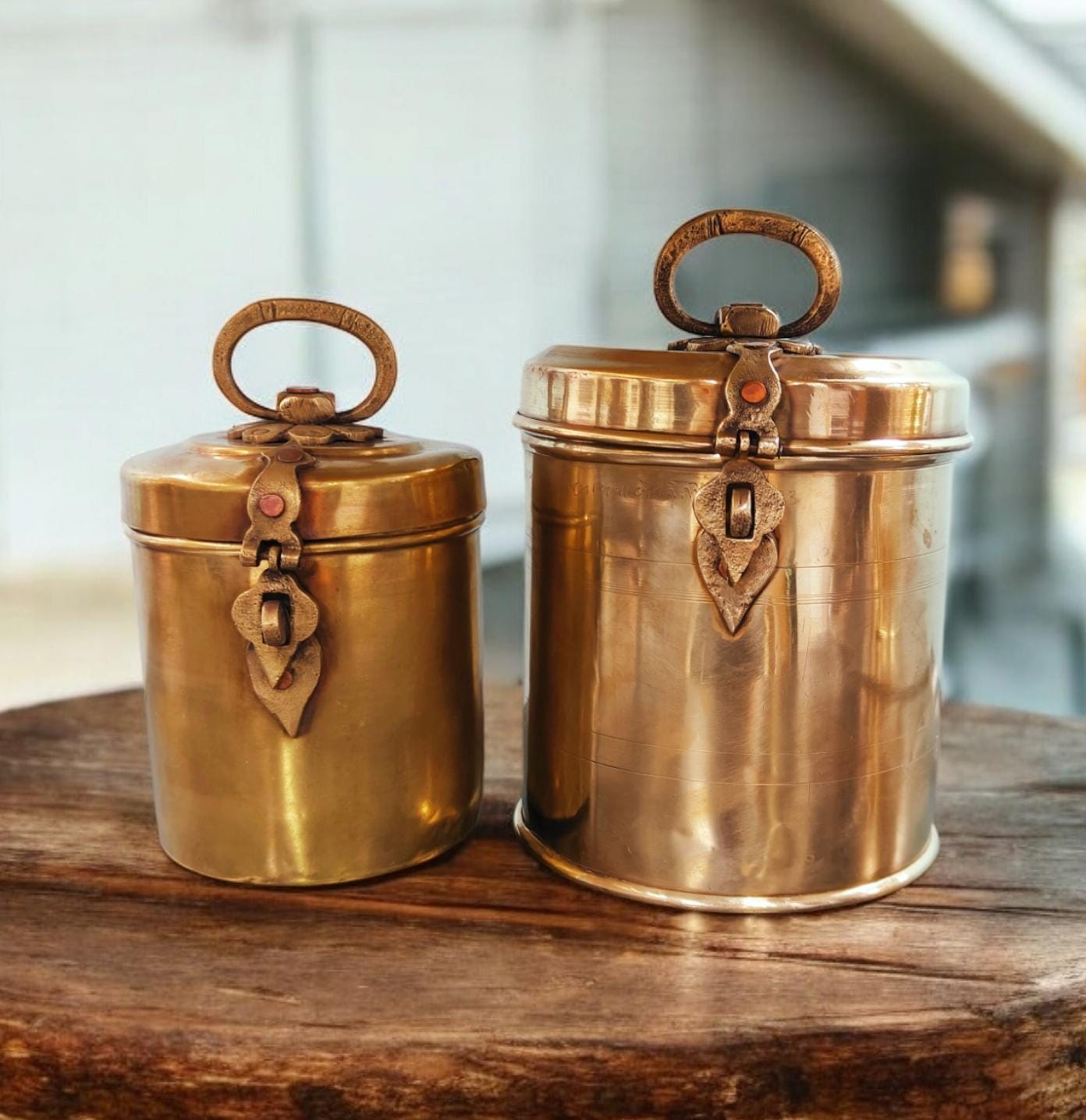 AT/120 - Set of 2 - Vintage Brass Cylindrical Original Antique Lockable Box With Handle