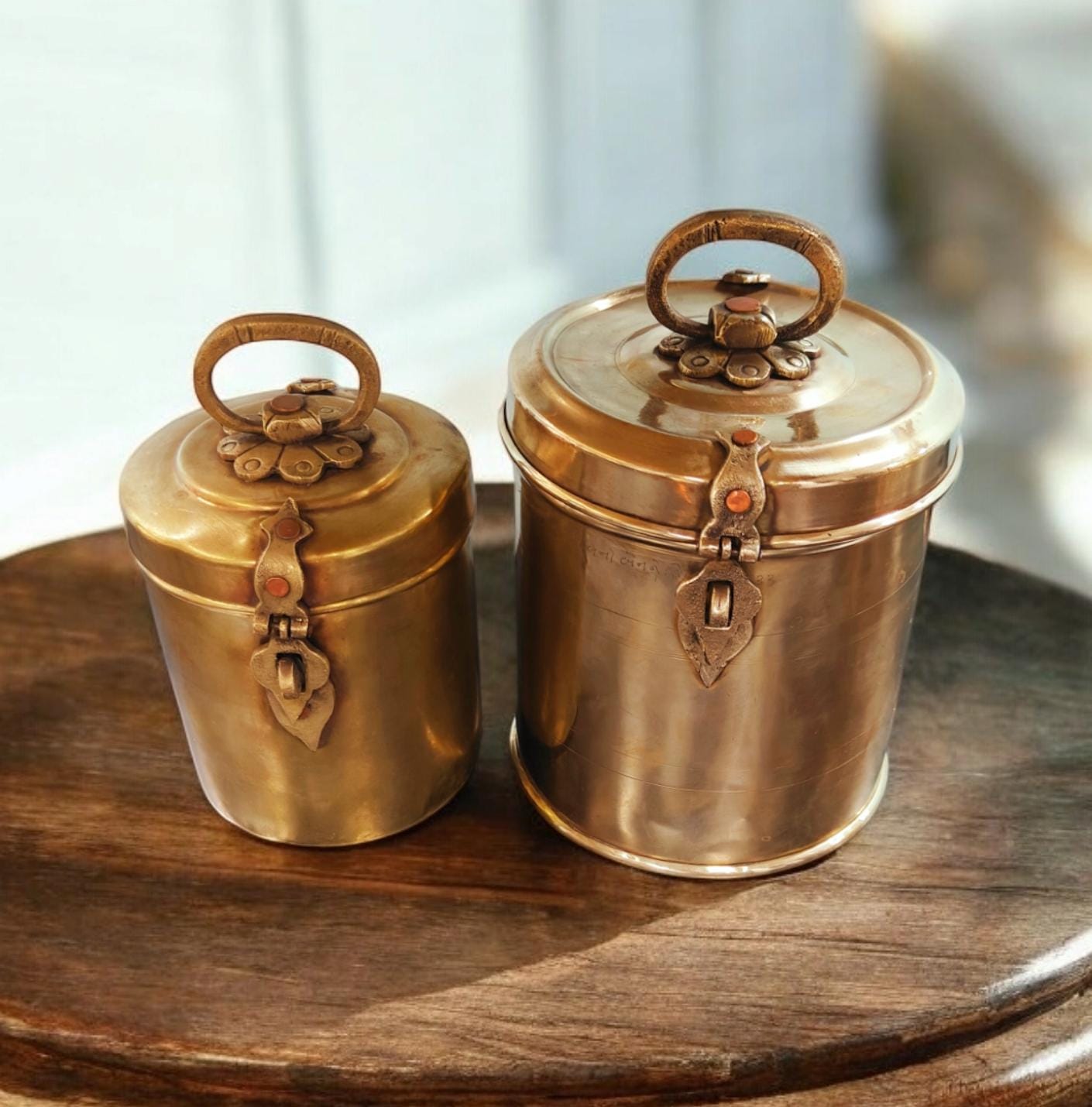 AT/120 - Set of 2 - Vintage Brass Cylindrical Original Antique Lockable Box With Handle