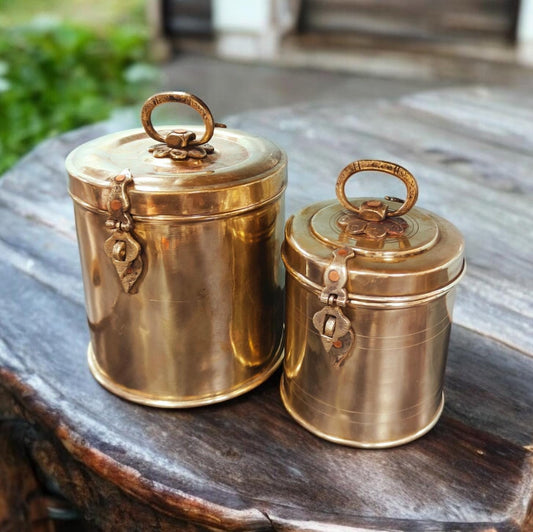 AT/121 - Set of 2 - Vintage Brass Cylindrical Original Antique Lockable Box With Handle