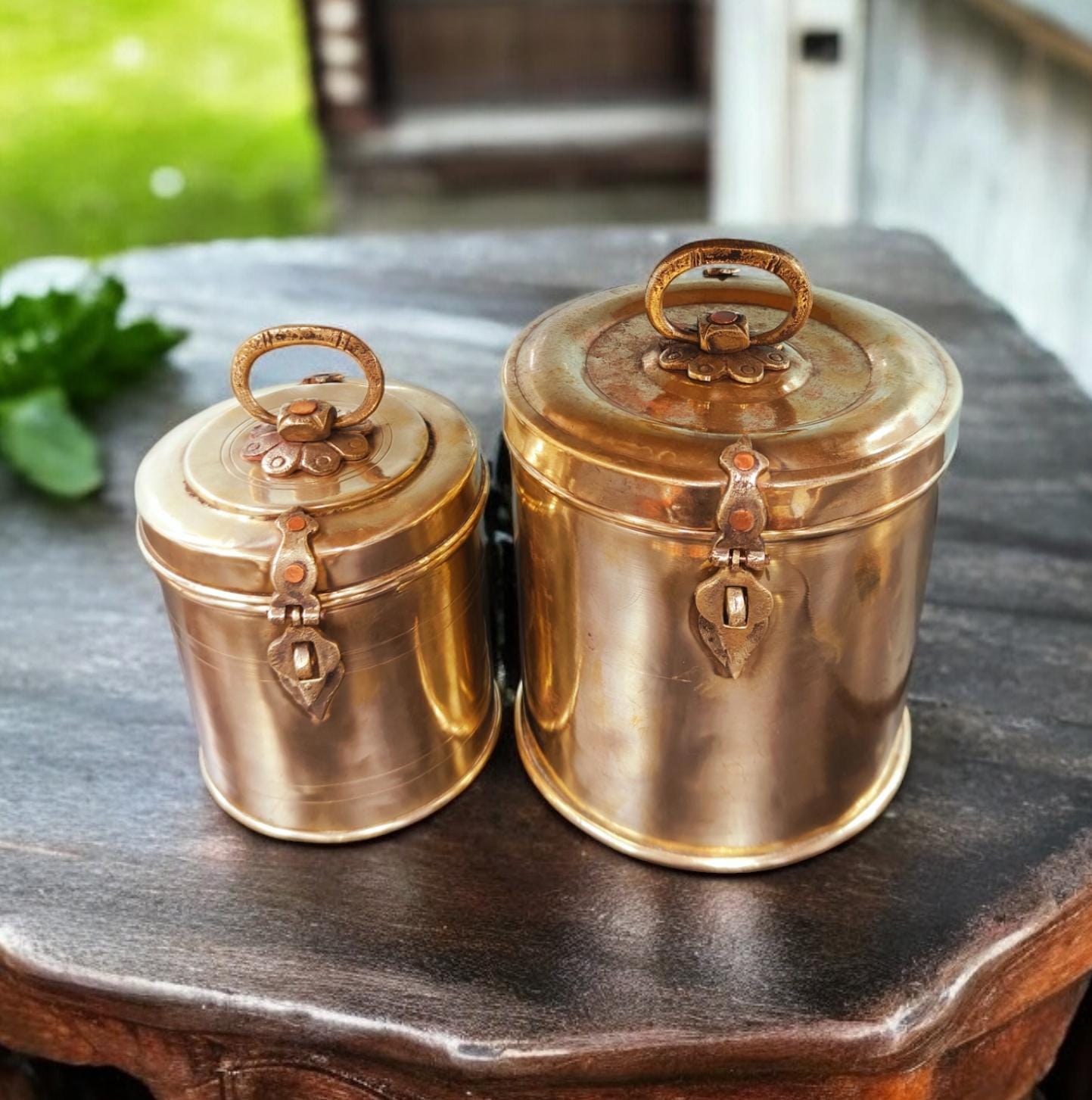 AT/121 - Set of 2 - Vintage Brass Cylindrical Original Antique Lockable Box With Handle