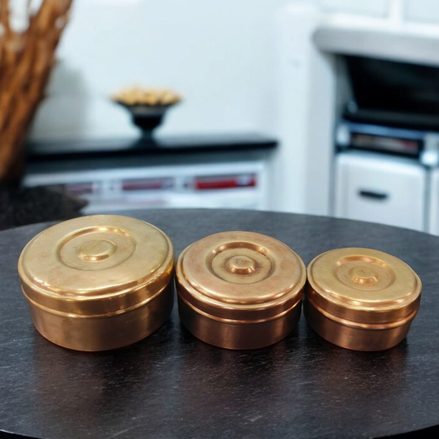 AT/140 - Set of 3 - Original Antique Pure Brass Round Shape Storage Box