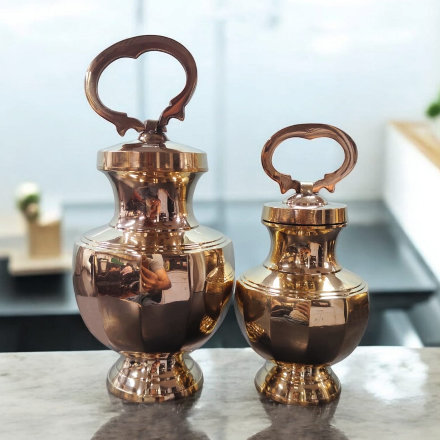 AT/156 - Set of 2 - Rare Pure Brass Very Beautiful Diamond Shape Antique Look Gangajal Lota with Glass inside in a Glossy finish traditionally known as "KAMANDAL"