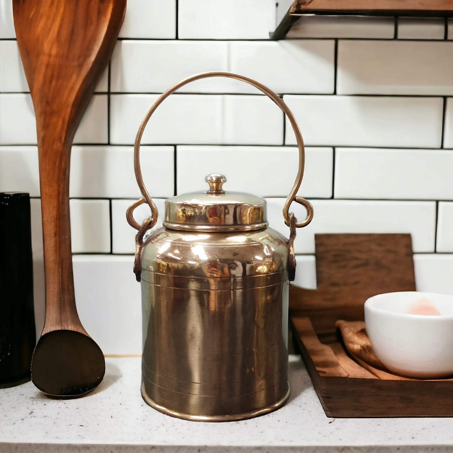 AT/086 - Original Antique Pure Brass Oil - Ghee - Milk Can with Handle & Lid