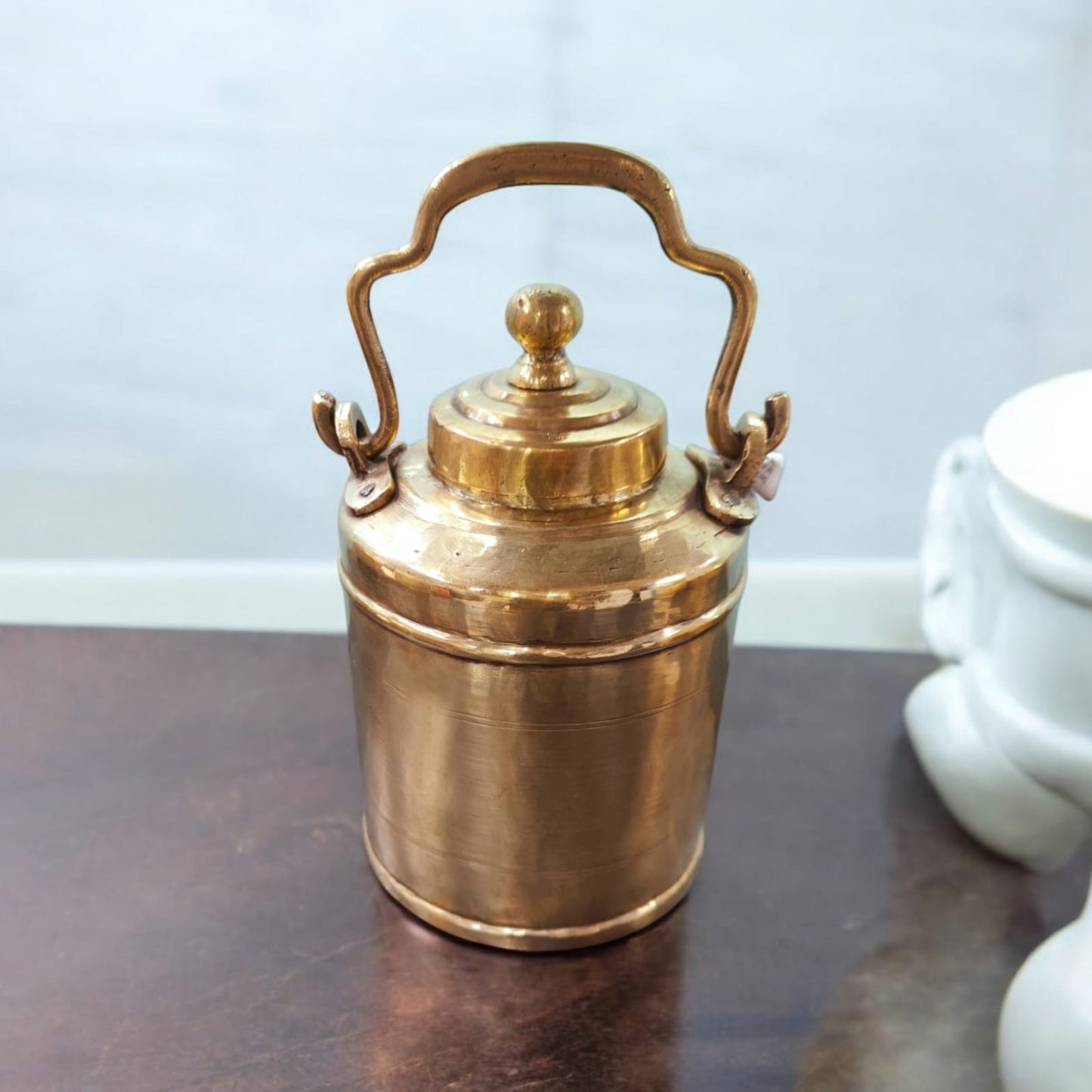 AT/090 - Original Antique Pure Brass Oil - Ghee - Milk Can with Unique Shape Handle & Lid