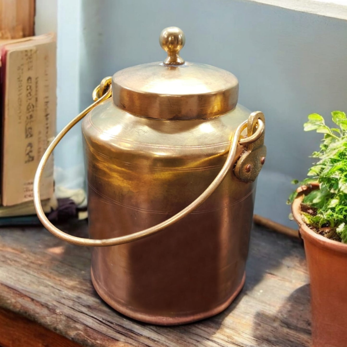 AT/049 - Original Antique Pure Brass Oil - Ghee - Milk Can with Handle & Lid