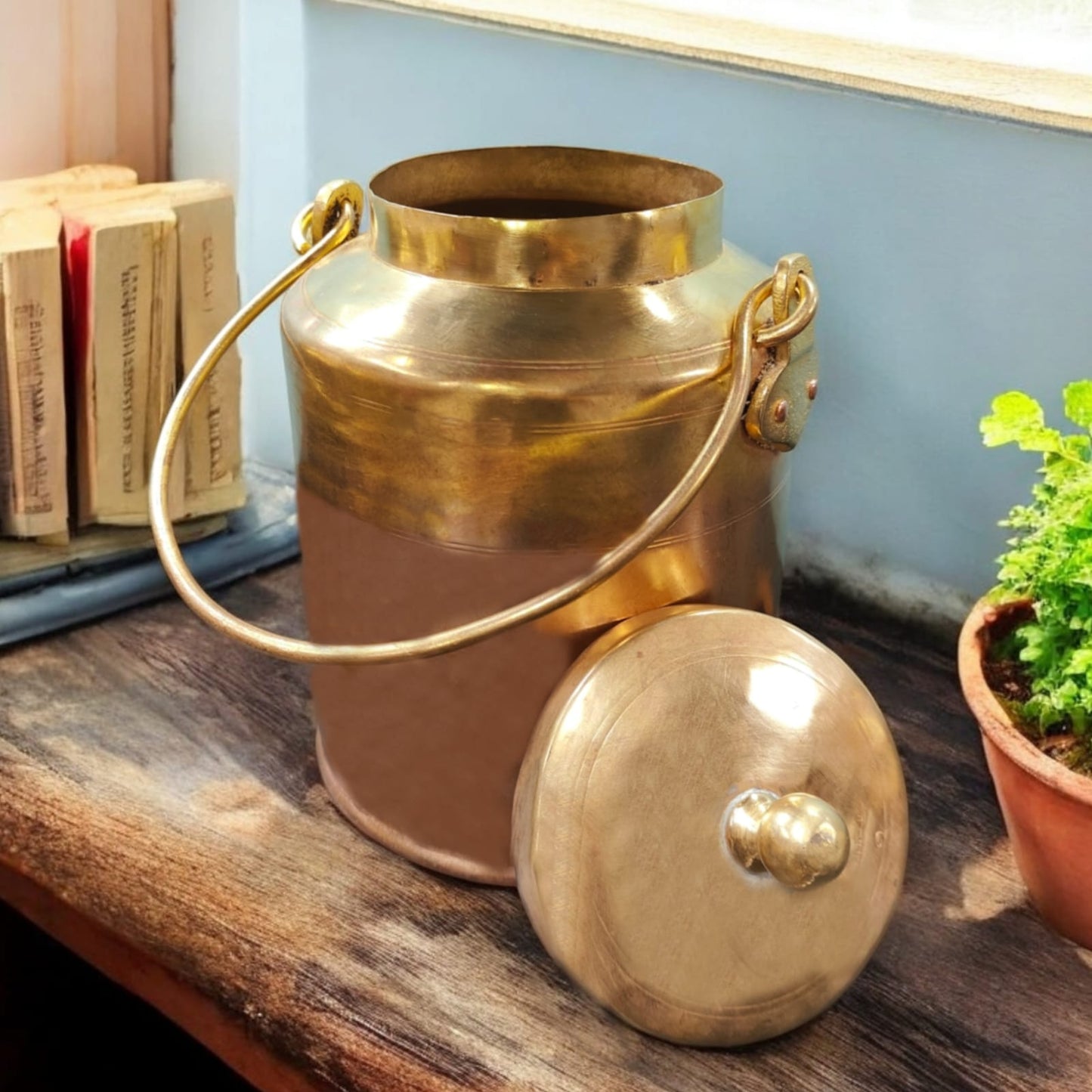 AT/049 - Original Antique Pure Brass Oil - Ghee - Milk Can with Handle & Lid