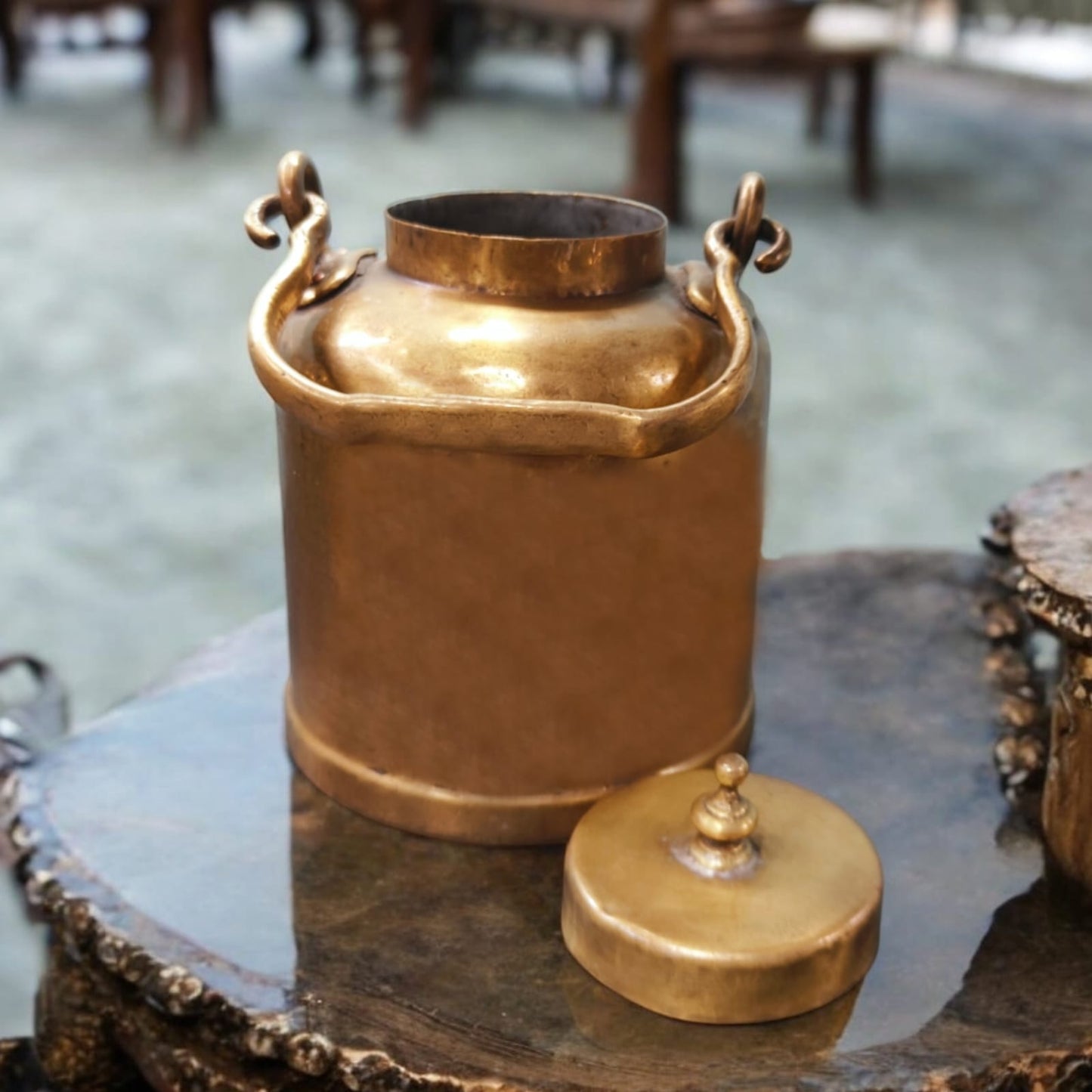 AT/051 - Original Antique Pure Brass Very Beautiful Shape Oil - Ghee - Milk Can with Handle & Lid