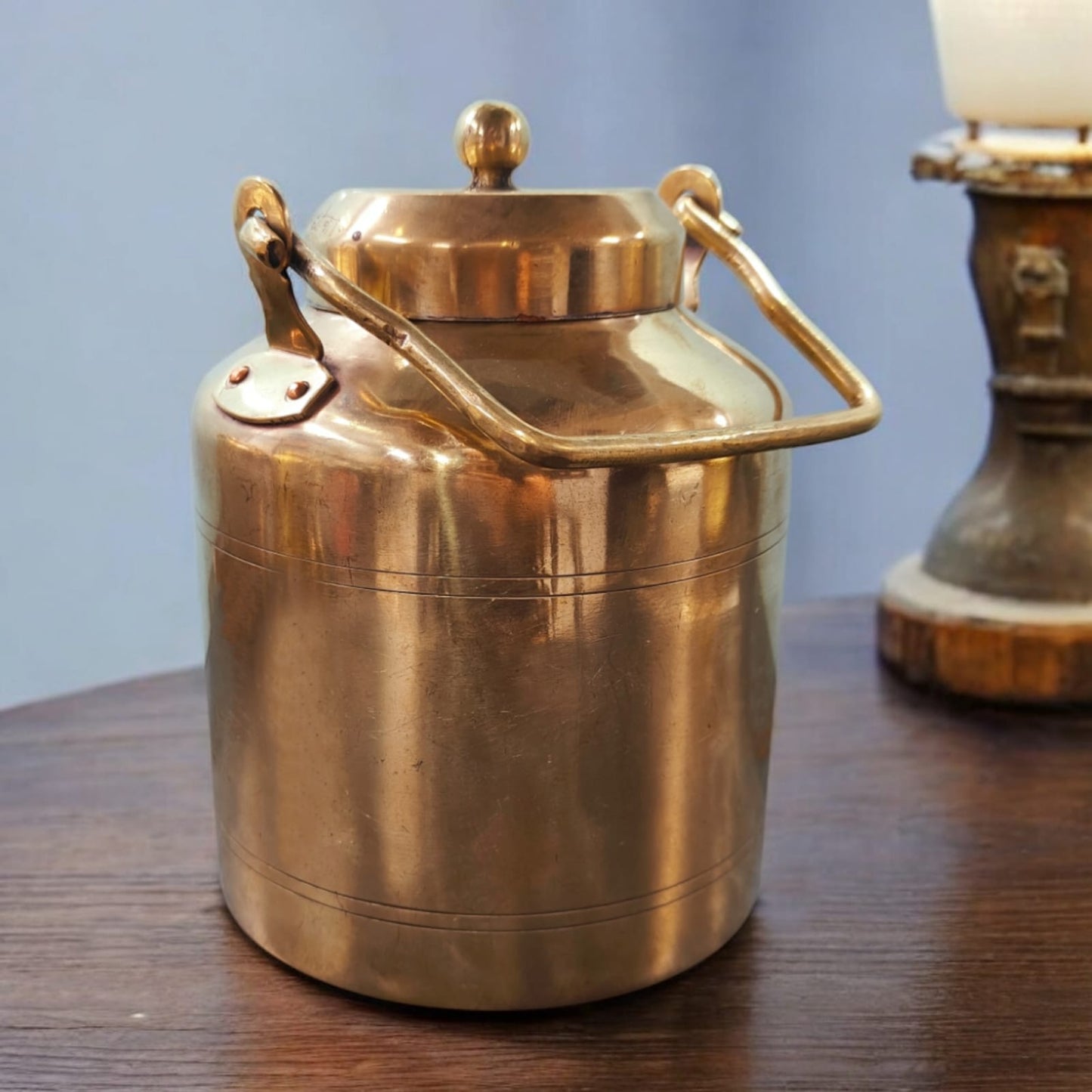 AT/064 - Original Antique Pure Brass Cylindrical Shape Oil - Ghee - Milk Can with Handle & Lid