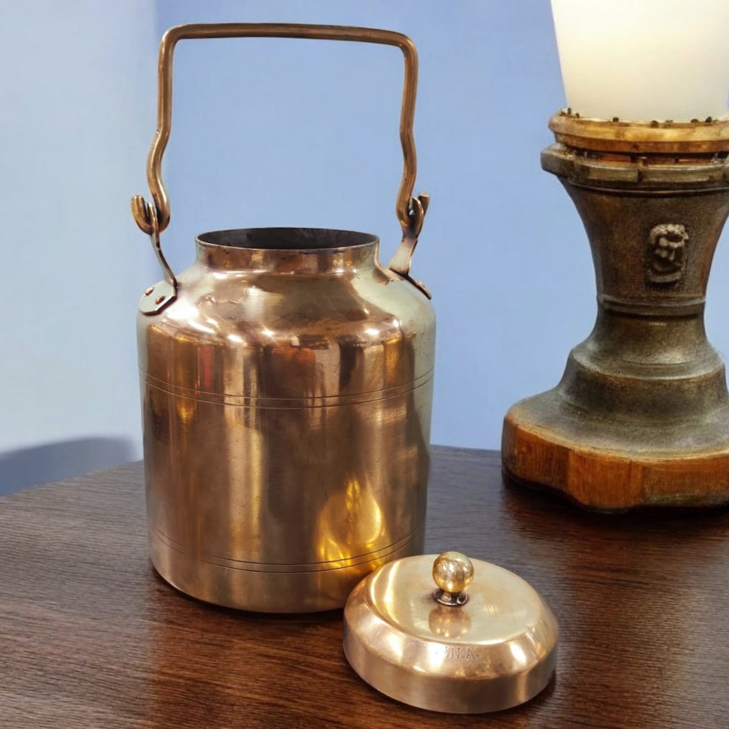 AT/064 - Original Antique Pure Brass Cylindrical Shape Oil - Ghee - Milk Can with Handle & Lid