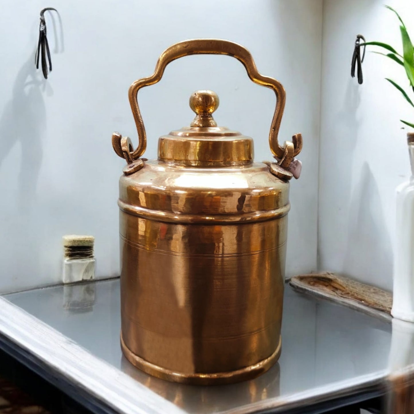 AT/065 - Original Antique Pure Brass Oil - Ghee - Milk Can with Unique Shape Handle & Lid