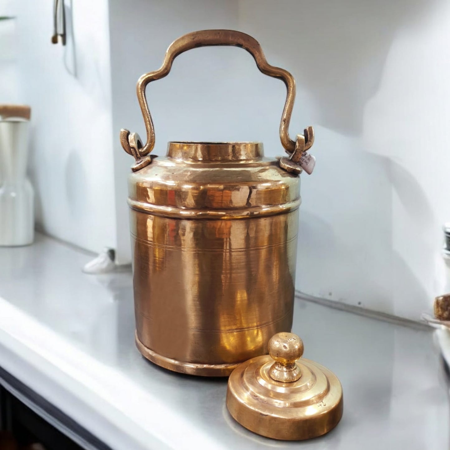 AT/065 - Original Antique Pure Brass Oil - Ghee - Milk Can with Unique Shape Handle & Lid