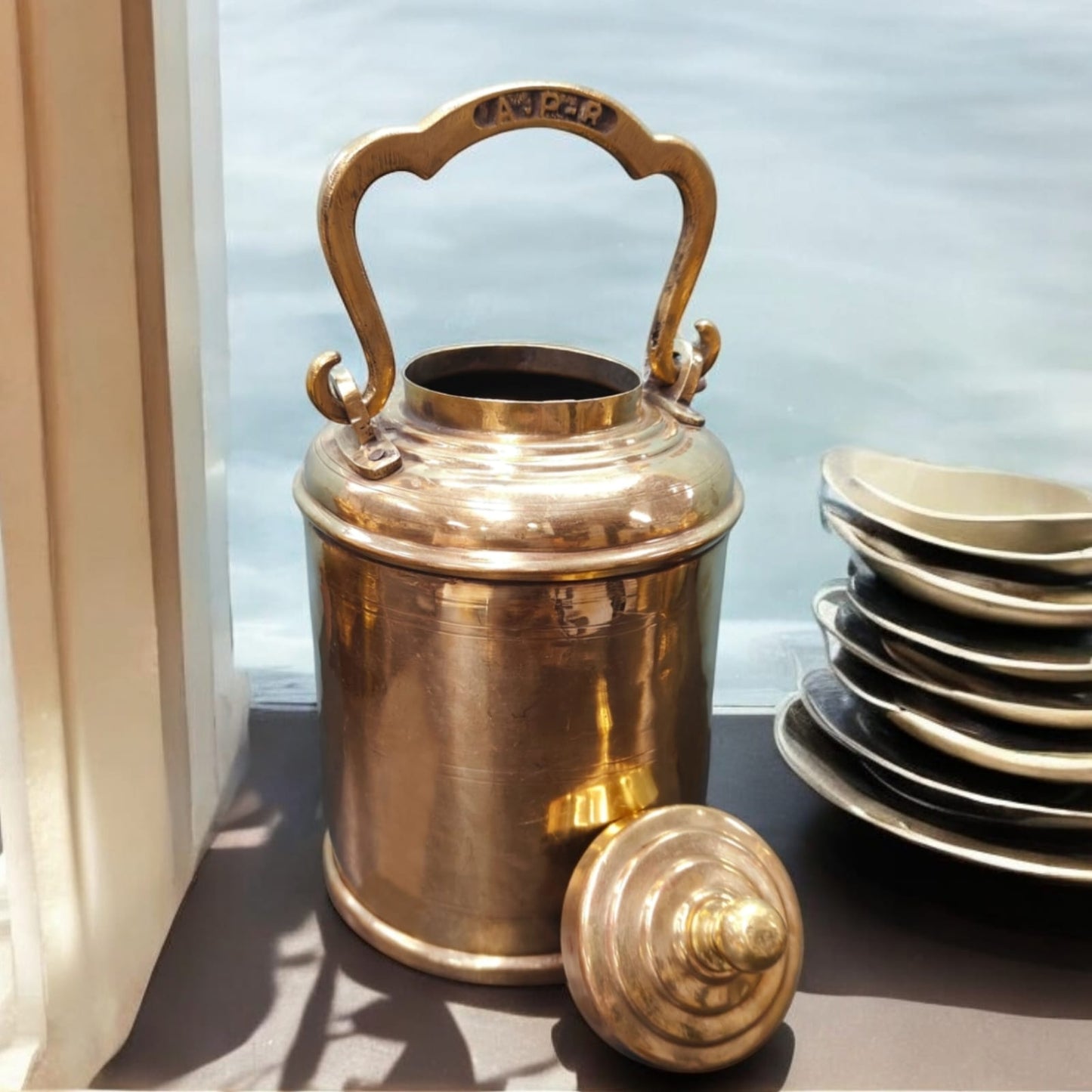 AT/067 - Original Antique Pure Brass Oil - Ghee - Milk Can with vintage initials A-P-R on Handle