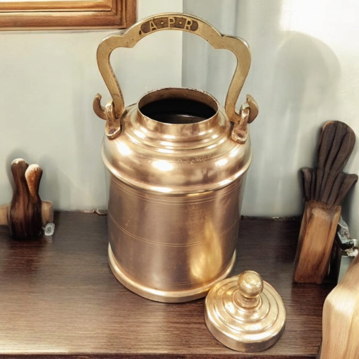 AT/076 - Original Antique Pure Brass Oil - Ghee - Milk Can with vintage initials A-P-R on Handle