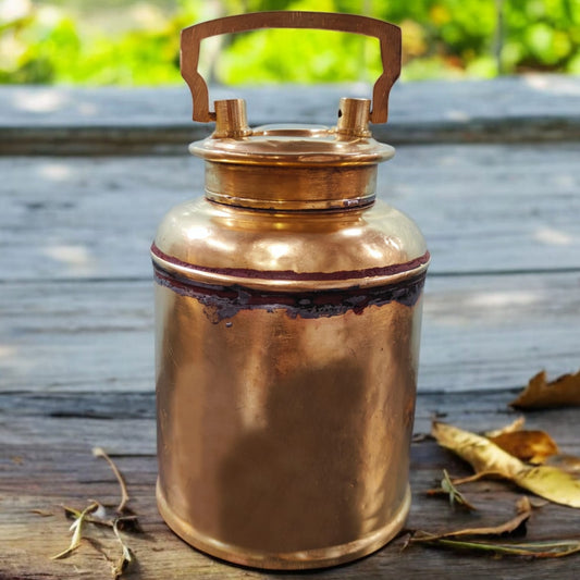 AT/078 - Original Antique Pure Brass Unique Shape Milk / Ghee / Oil Canister With Air Tight Lid And Handle