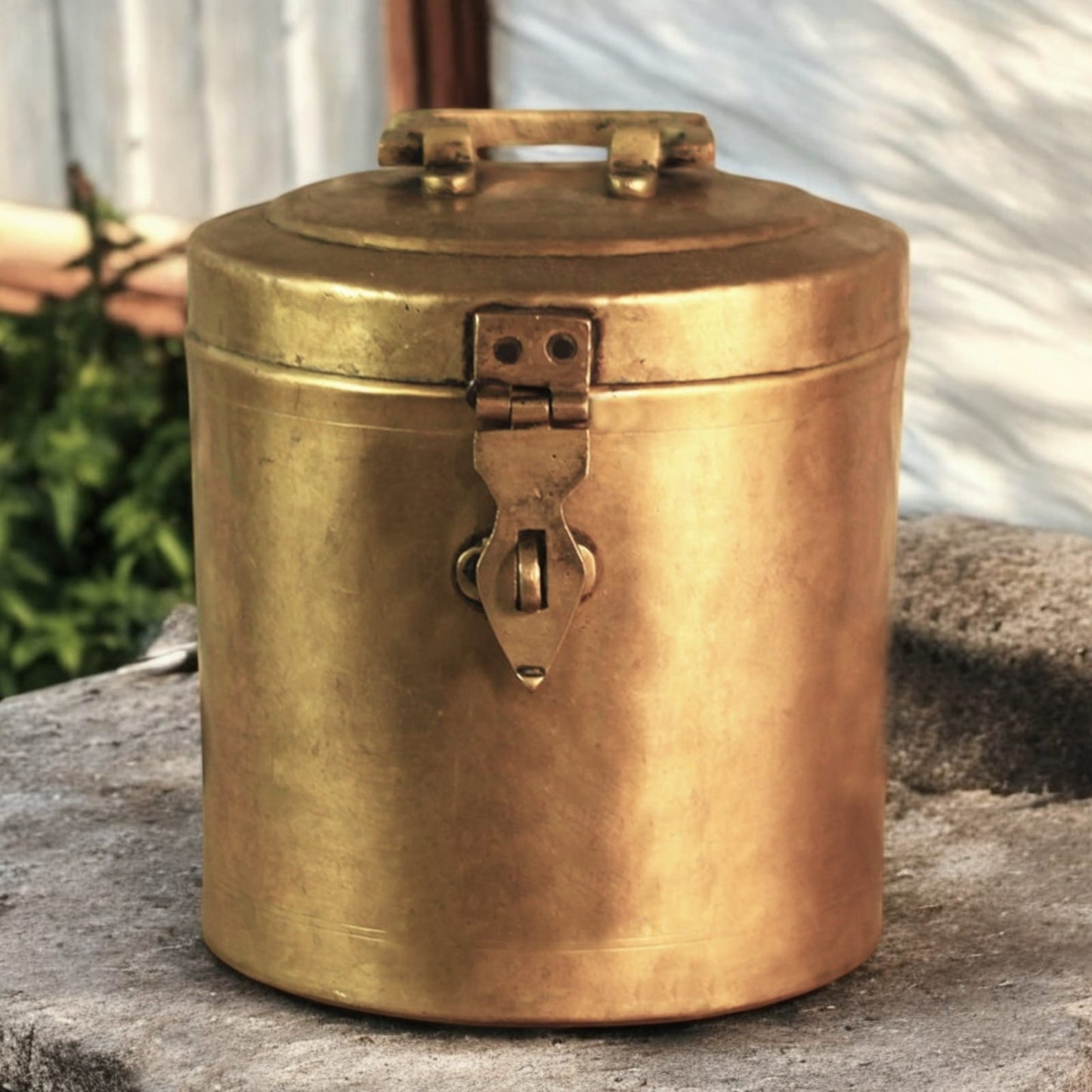 AT/124 - Vintage Brass Cylindrical Lockable Box With Handle