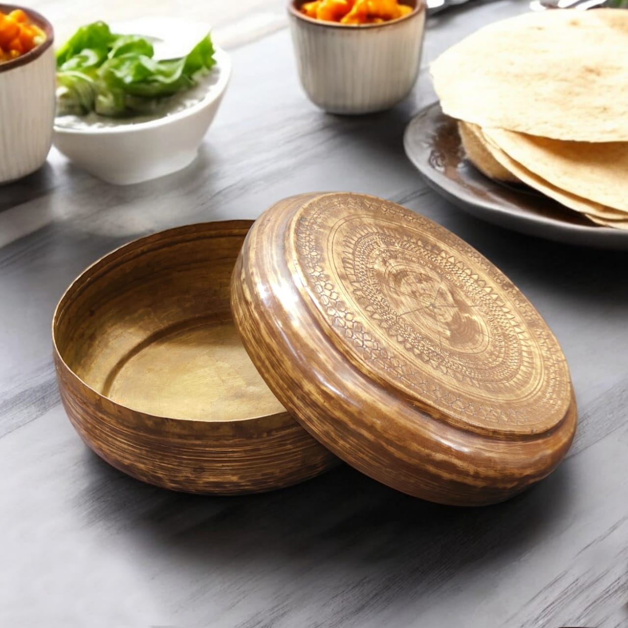 AT/160 - Vintage Brass Very Beautifully Engraved Roti Dabba | Chapati Box