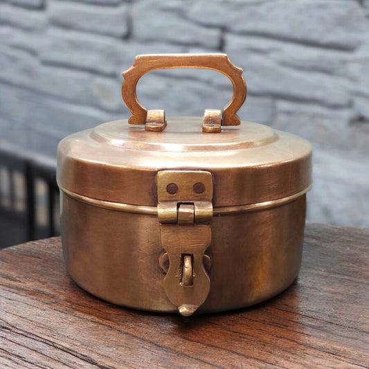 AT/127 - Vintage Rare Pure Brass Original Antique Round Shape Box With Handle & Locking System