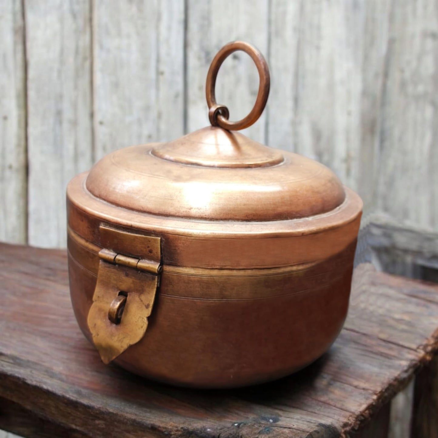 AT/134 - Vintage Rare Pure Brass Original Antique Very Beautiful Round Shape Box With Handle & Locking System