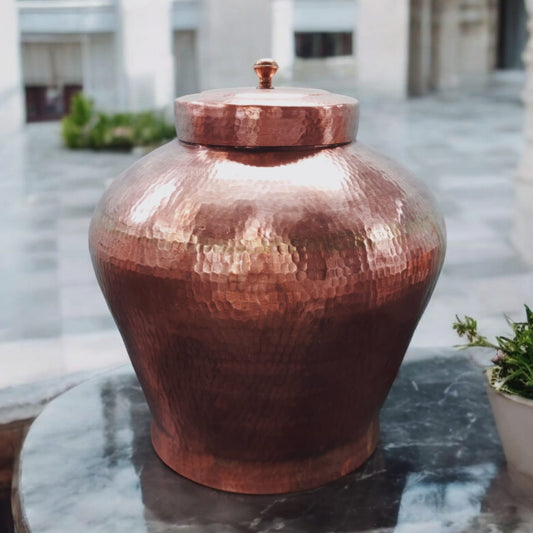 AT/169 - Very Rare Big Size Original Antique Pure Copper Beautifully Hammered Unique Shape Water Pot With Lid