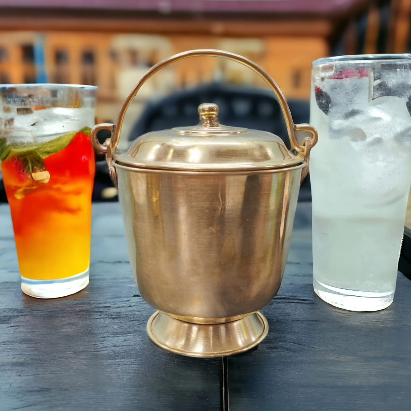 AT/173 - Very Rare Original Antique Pure Brass Bucket Shape Storage Container With Lid & Handle