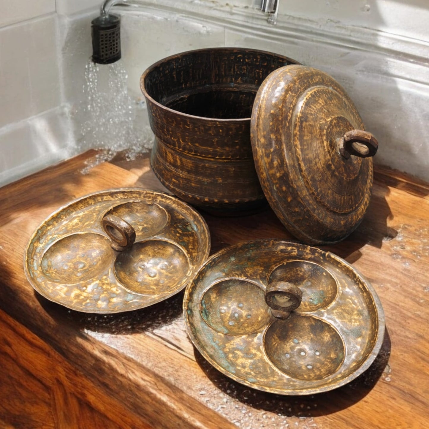 AT/175 - Rare Vintage Pure Brass Idli Steamer Pot with 2 inserts each including 3 Idli moulds