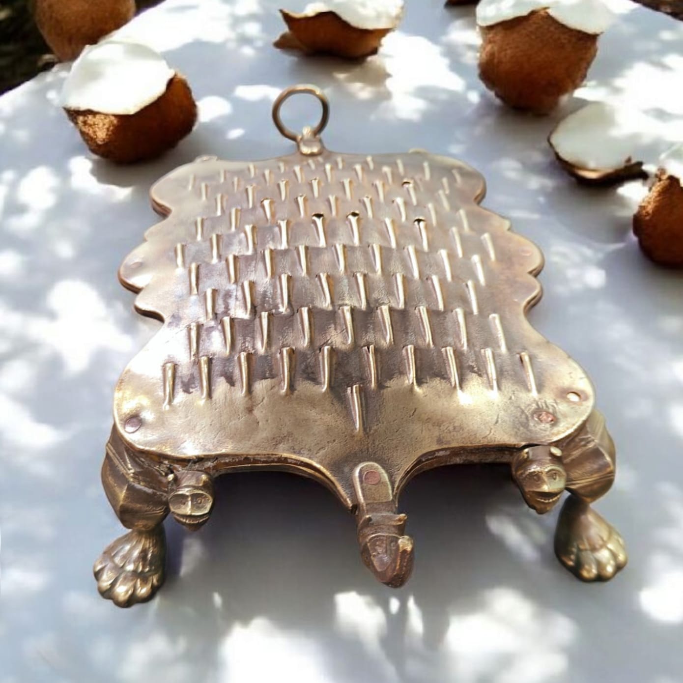 ORIGINAL ANTIQUE: AT/093 - Very Rare & Pure Brass Vintage Grater | Scraper with Animal Shape Face & Legs traditionally known as "Khisni" | KITCHENWARE | UTENSILS | HOME APPLIANCES
