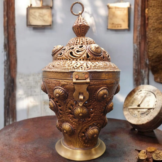 ORIGINAL ANTIQUE: AT/102 - Original Vintage Pure Brass Very Rare & Unique Shape Beautifully Engraved & Pierced Storage Box with Lock System | KITCHENWARE | UTENSILS | HOME APPLIANCES