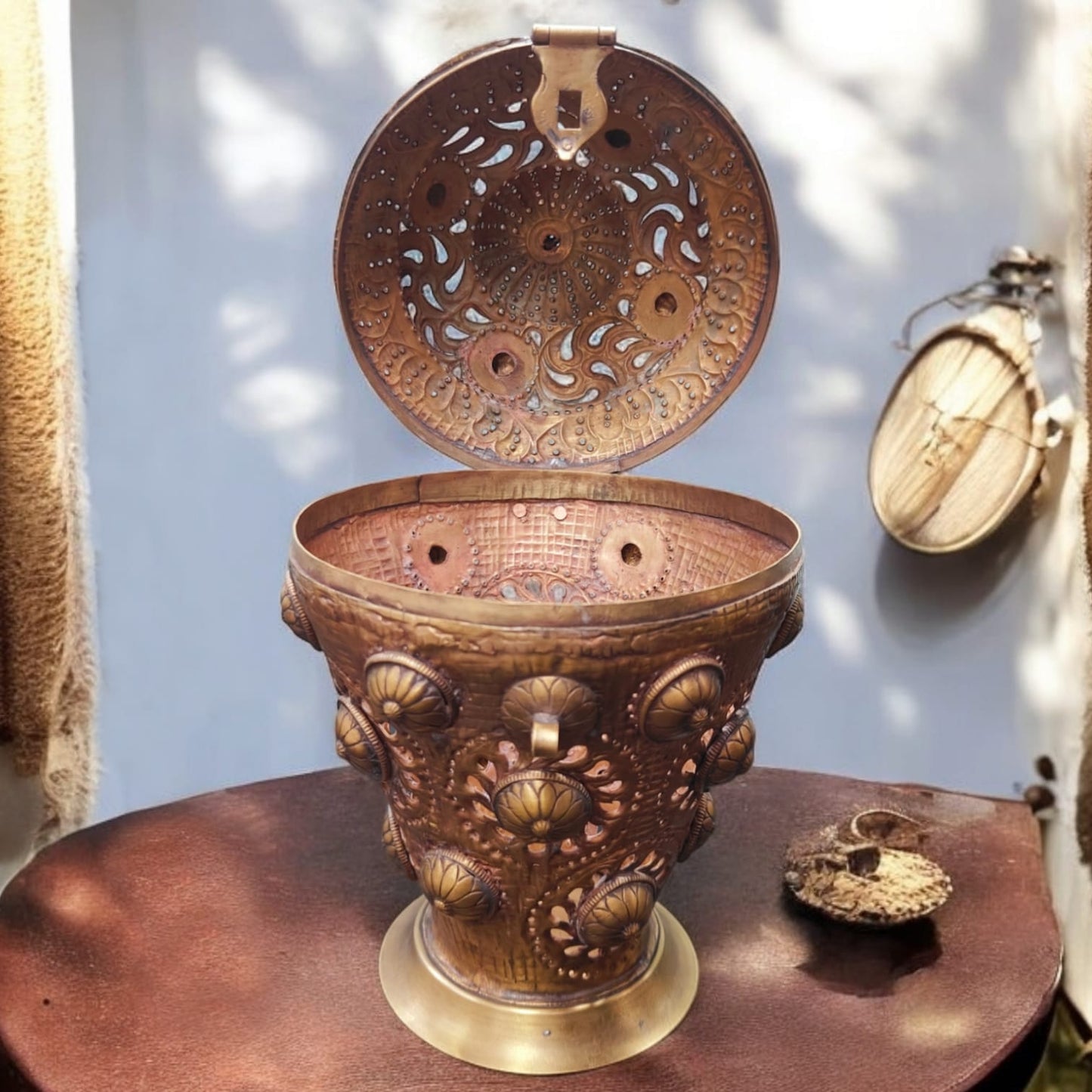ORIGINAL ANTIQUE: AT/102 - Original Vintage Pure Brass Very Rare & Unique Shape Beautifully Engraved & Pierced Storage Box with Lock System | KITCHENWARE | UTENSILS | HOME APPLIANCES
