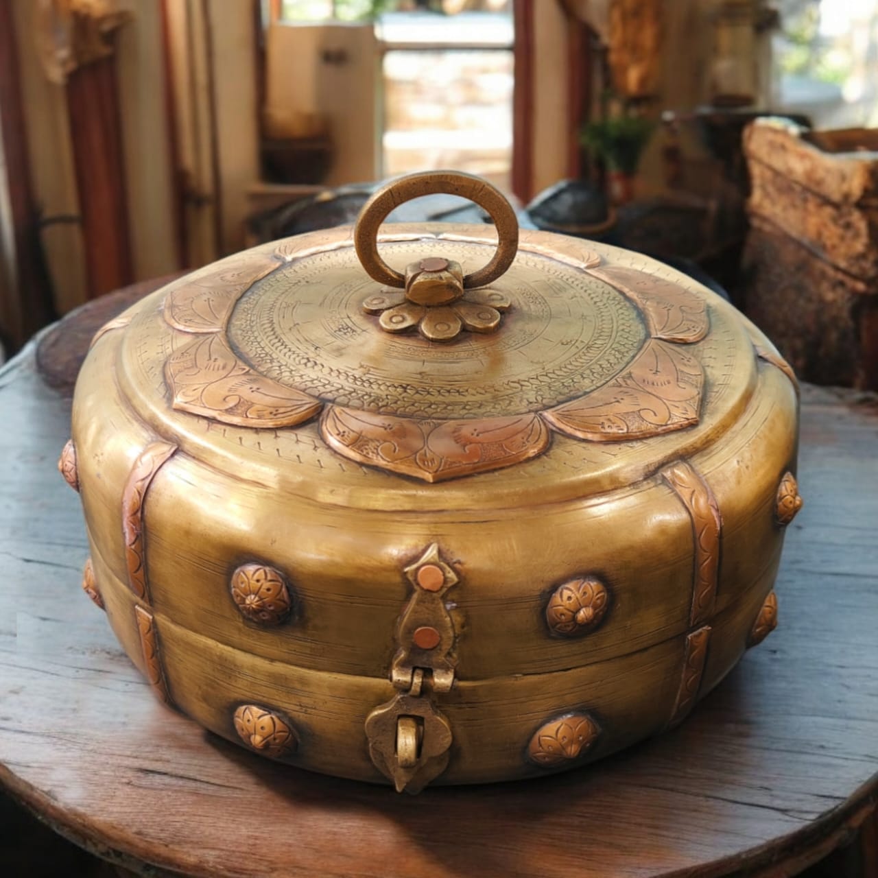 ORIGINAL ANTIQUE: AT/094 - Very Rare Beautifully Engraved Pure Brass Roti Dabba | Chapati Box | Multipurpose Box With Lock System | KITCHENWARE | UTENSILS | HOME APPLIANCES