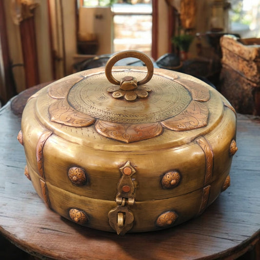 ORIGINAL ANTIQUE: AT/094 - Very Rare Beautifully Engraved Pure Brass Roti Dabba | Chapati Box | Multipurpose Box With Lock System | KITCHENWARE | UTENSILS | HOME APPLIANCES