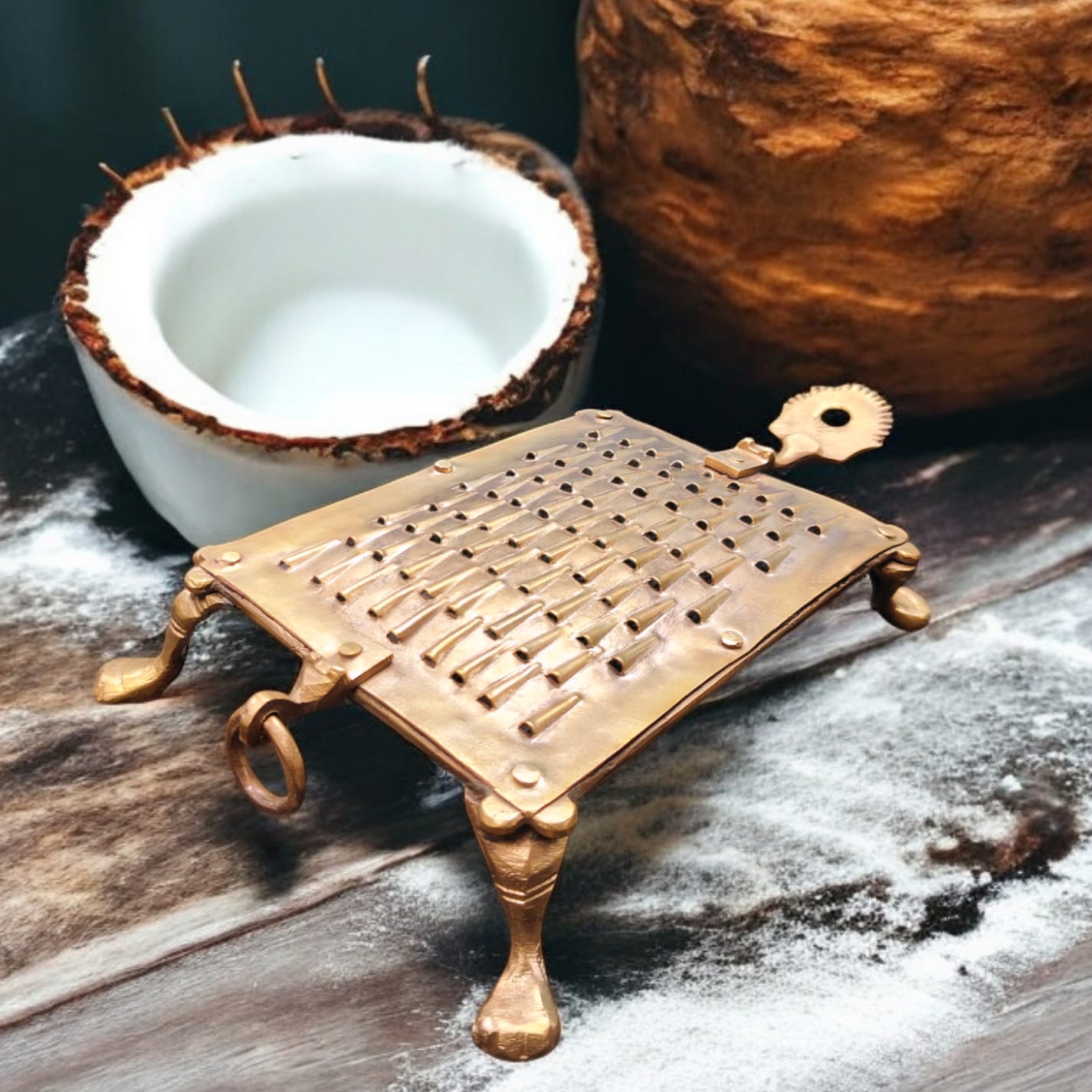 AT/210 - Vintage Brass Original Antique Grater | Scraper with Legs traditionally known as "Khisni"