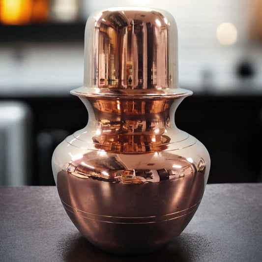 BRAND NEW: NW/086 - 100% Pure Copper Perfect Round Shape Water Vessel | Vintage Look Copper Kalash With Glass | KITCHENWARE | UTENSILS | HOME APPLIANCES
