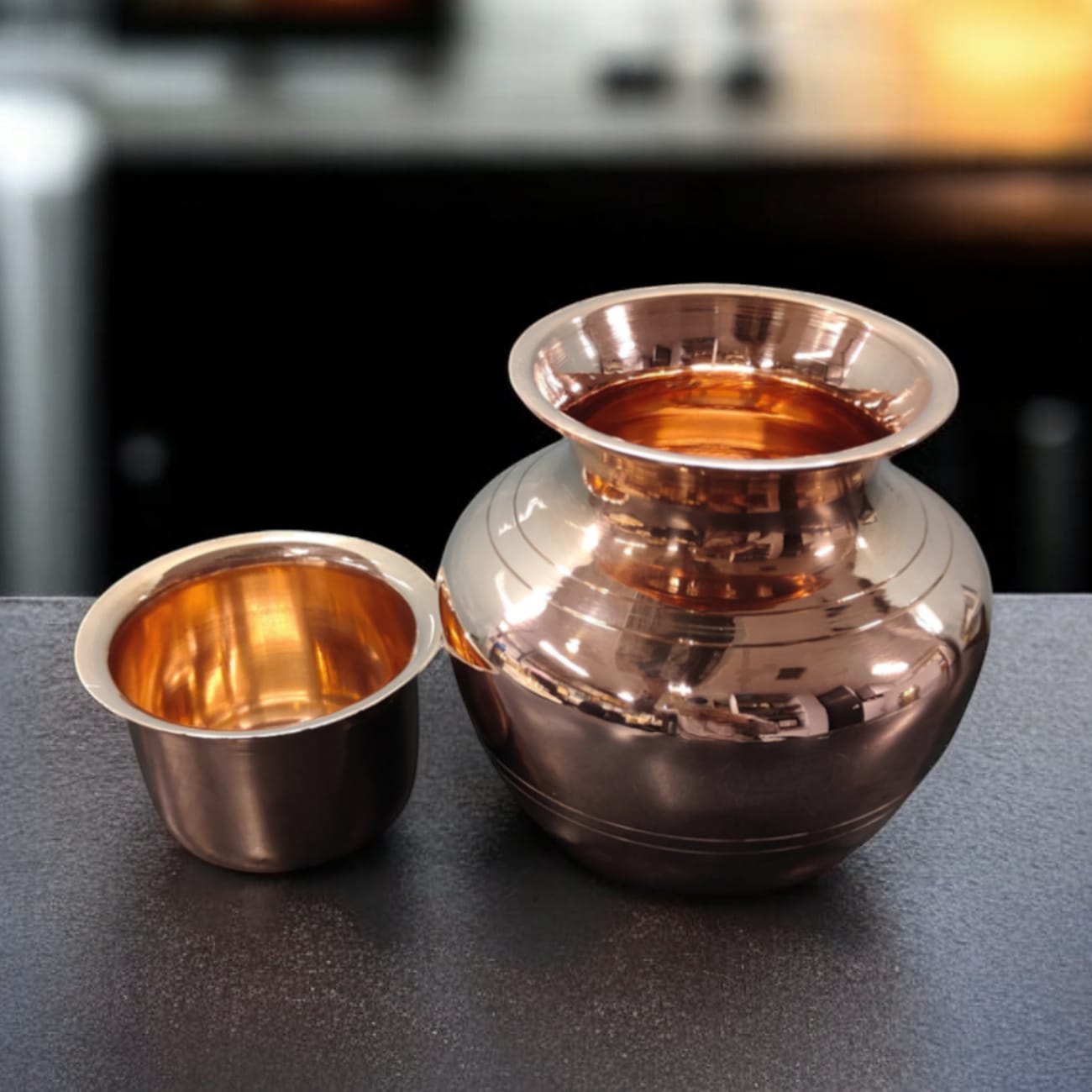 BRAND NEW: NW/086 - 100% Pure Copper Perfect Round Shape Water Vessel | Vintage Look Copper Kalash With Glass | KITCHENWARE | UTENSILS | HOME APPLIANCES