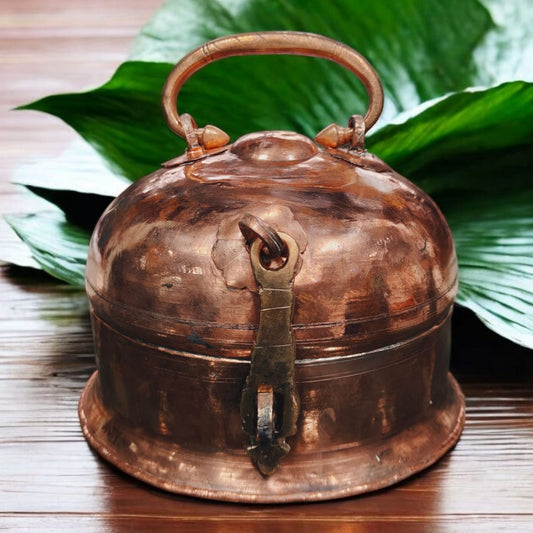 ORIGINAL ANTIQUE: AT/063A - Very Rare Pure Copper Beautiful Round Shape Vintage Paan daan - Beetle Nut Supari Box - COMPLETE SET | KITCHENWARE | UTENSILS | HOME APPLIANCES