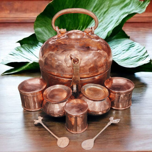 ORIGINAL ANTIQUE: AT/063 - Very Rare Pure Copper Beautiful Round Shape Vintage Paan daan - Beetle Nut Supari Box - COMPLETE SET | KITCHENWARE | UTENSILS | HOME APPLIANCES